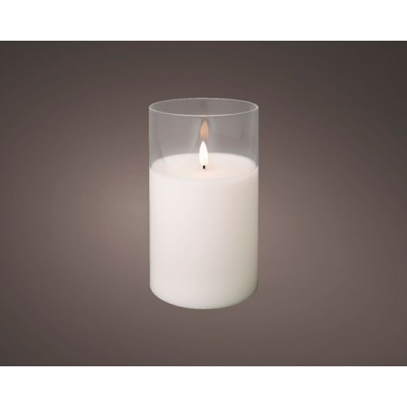 Nydelig glass med stearin og LED lys med naturtro flamme H 17,5 cm